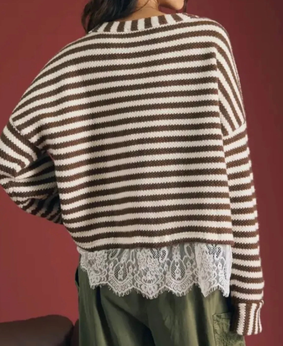 Striped Long Sleeve Lace Top