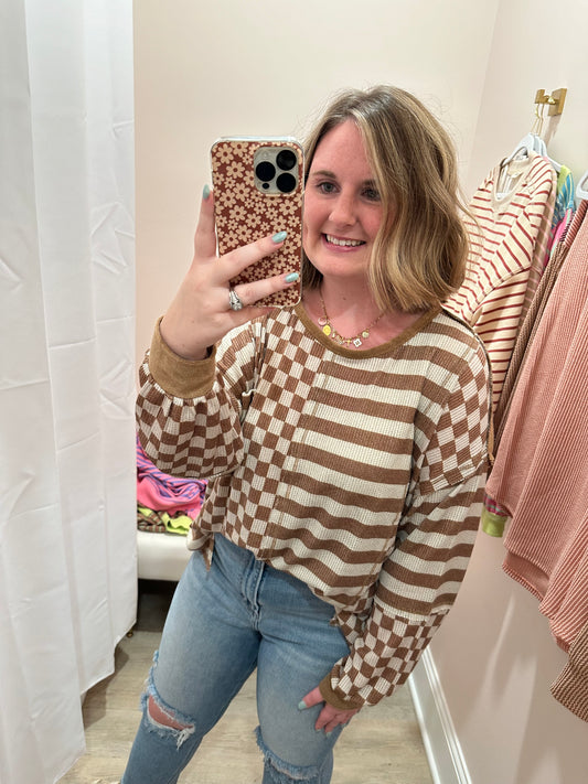 Camel Striped/Checkered Combo Knit Top