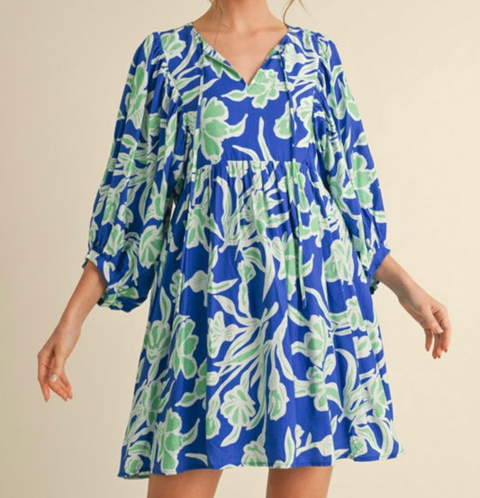 Royal Blue Floral Balloon Sleeve Dress