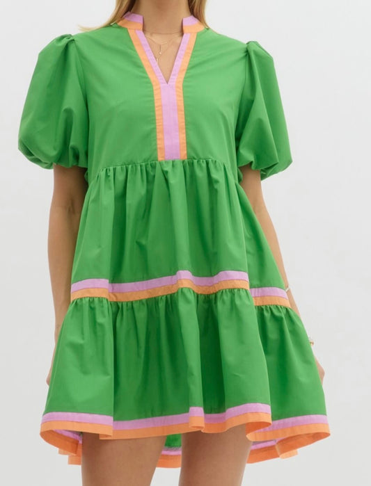 Solid Bubble Sleeve Tiered Dress