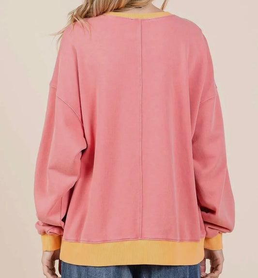 Coral Mineral Wash Color Block French Terry Sweatshirt