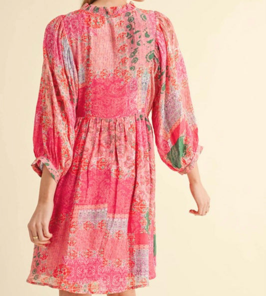 Multi Print 3/4 Sleeve Frill Dress