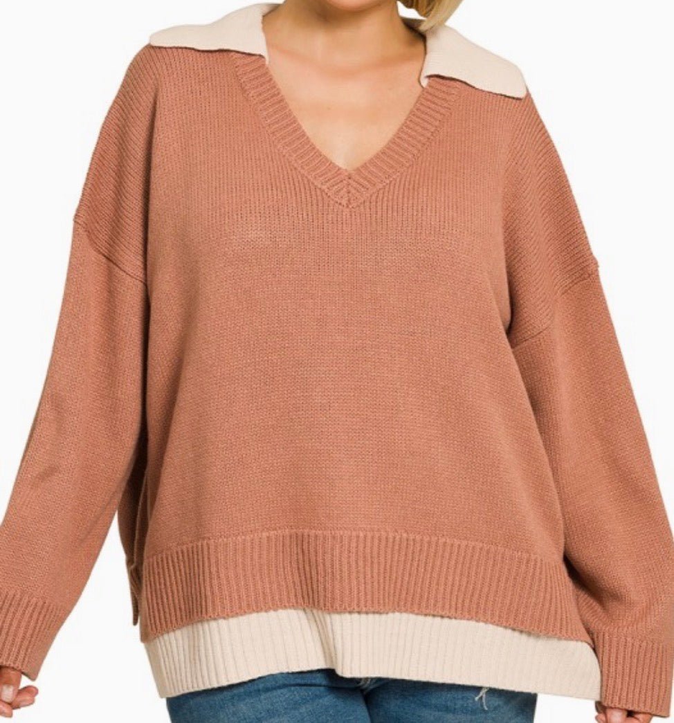 Mahogany Collared V-Neck Sweater