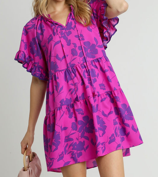 Magenta Two Tone Ruffle Sleeve Dress