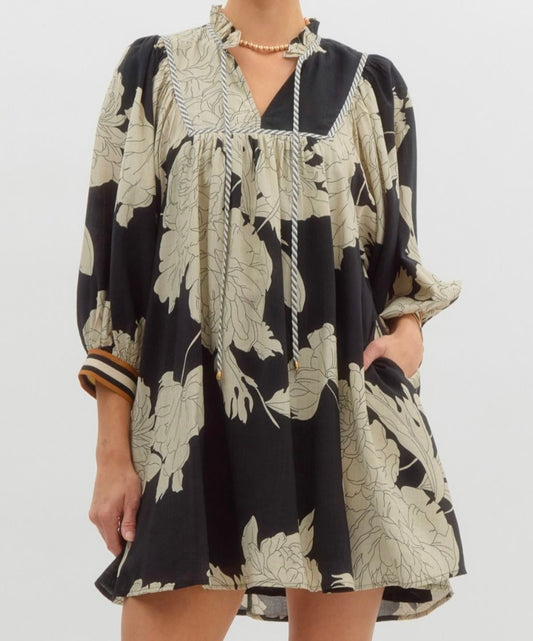 Black Floral 3/4 Sleeve Front Tie Dress
