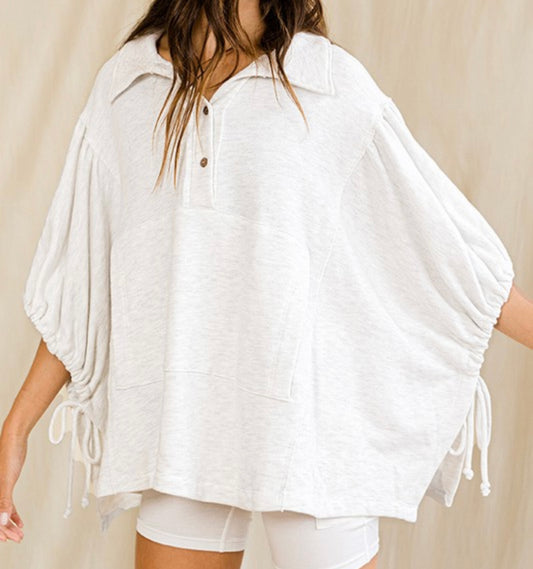 Ash Grey Oversized Drawstring Tie Sleeves Top