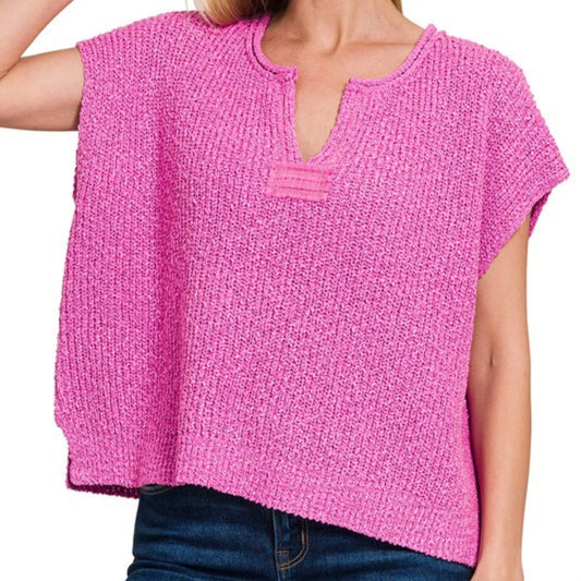 Split-Neck Side Slit Pullover Top