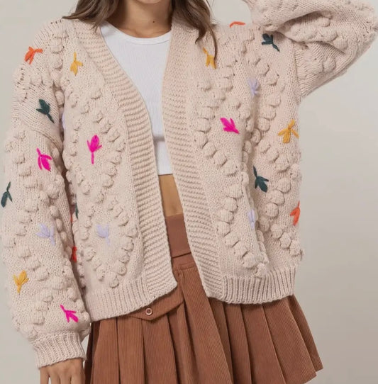 Floral Stitch Popcorn Cardigan