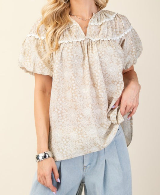 Beige Print Puff Sleeve Top