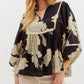 Black Floral 3/4 Sleeve Scalloped Trim Top