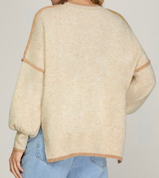 Oatmeal Long Sleeve Contrast Sweater