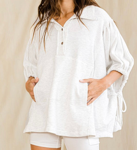 Ash Grey Oversized Drawstring Tie Sleeves Top