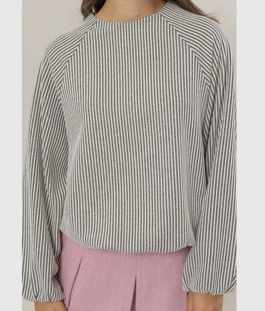 Balloon Sleeve Striped Knit Long Sleeve Top