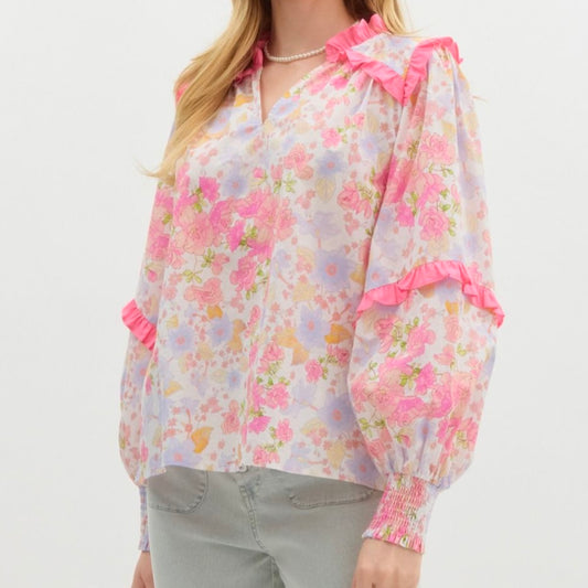Pink Floral Smock Long Sleeve Riffle Top
