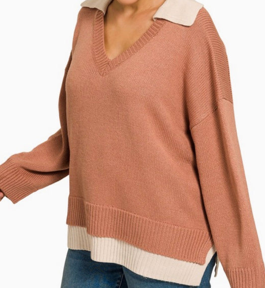Mahogany Collared V-Neck Sweater