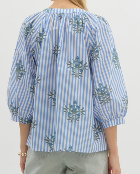 Blue Striped Floral 3/4 Sleeve Top