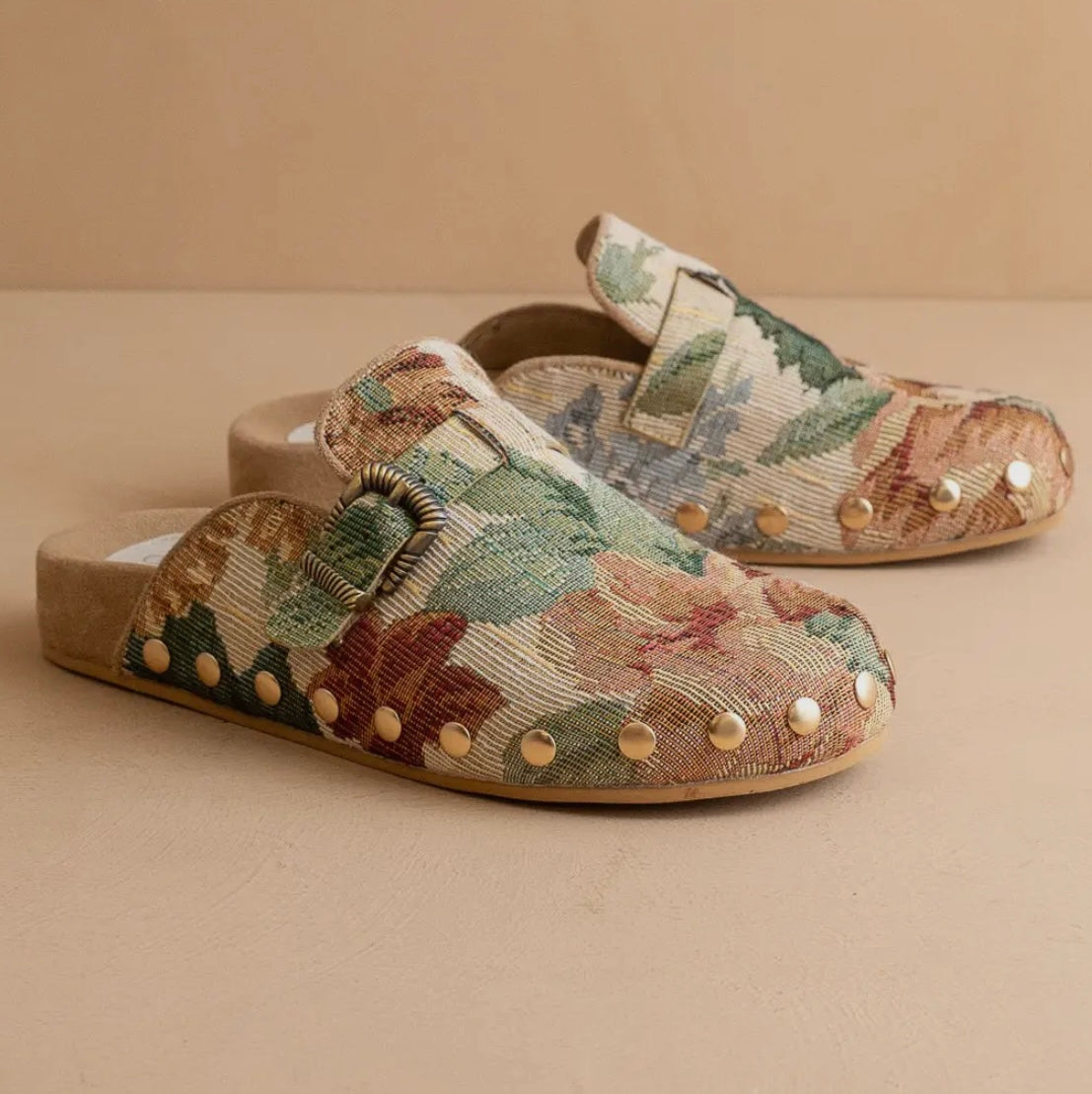 Floral Tapestry Studded Buckle Clog