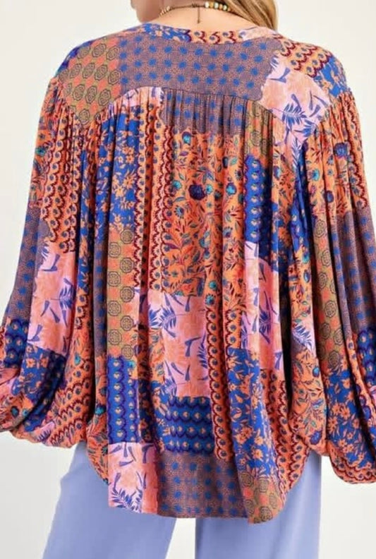 Coral Blue Patchwork Button Down Top