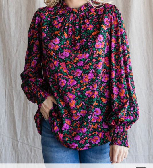 Black Floral Mock Neck Long Sleeve Top