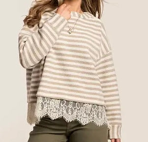 Striped Long Sleeve Lace Top