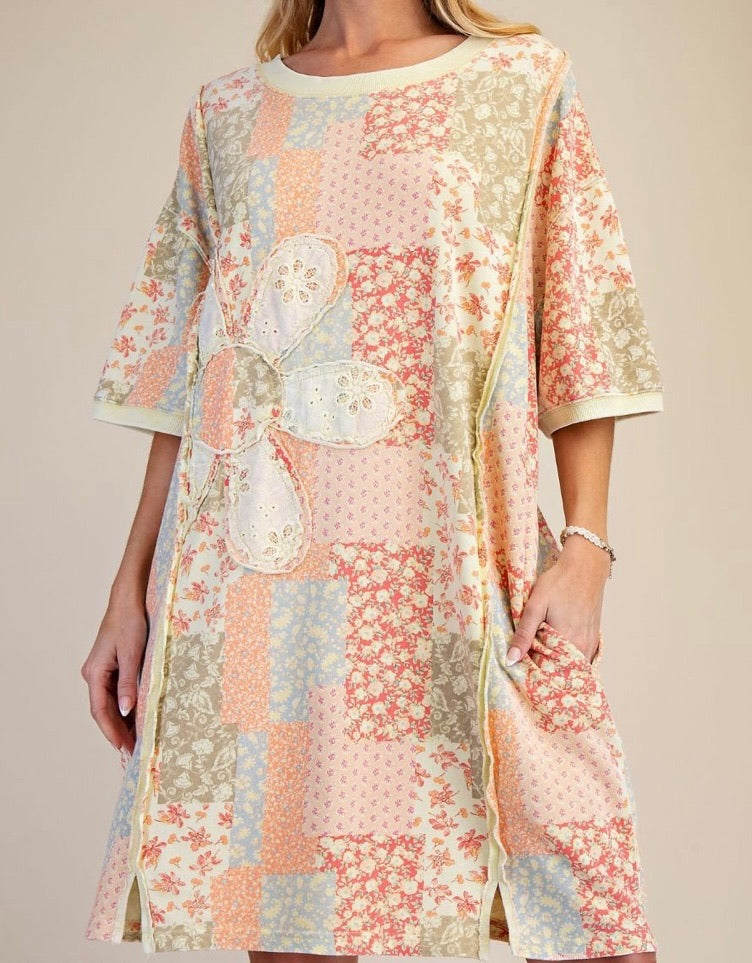 Quilted Florals Oversized  T-shirt Dress