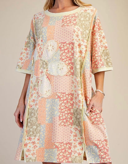 Quilted Florals Oversized  T-shirt Dress