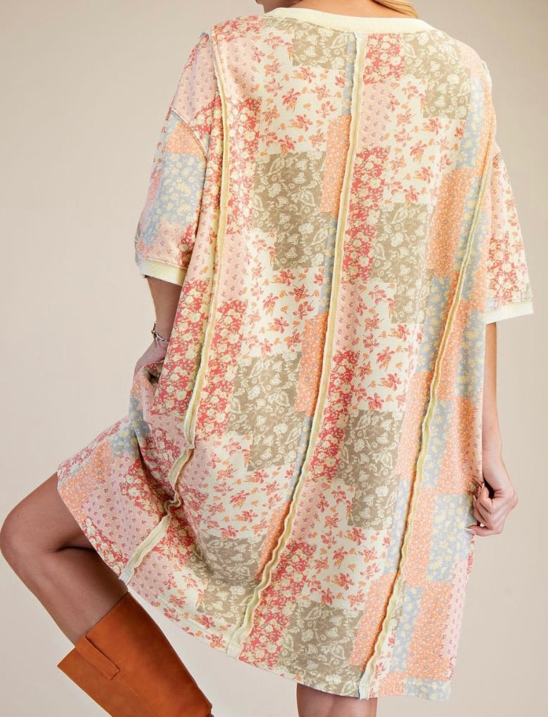Quilted Florals Oversized  T-shirt Dress