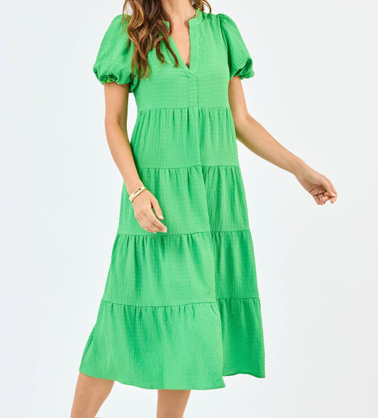 Bubble Sleeve Tiered Midi Dress