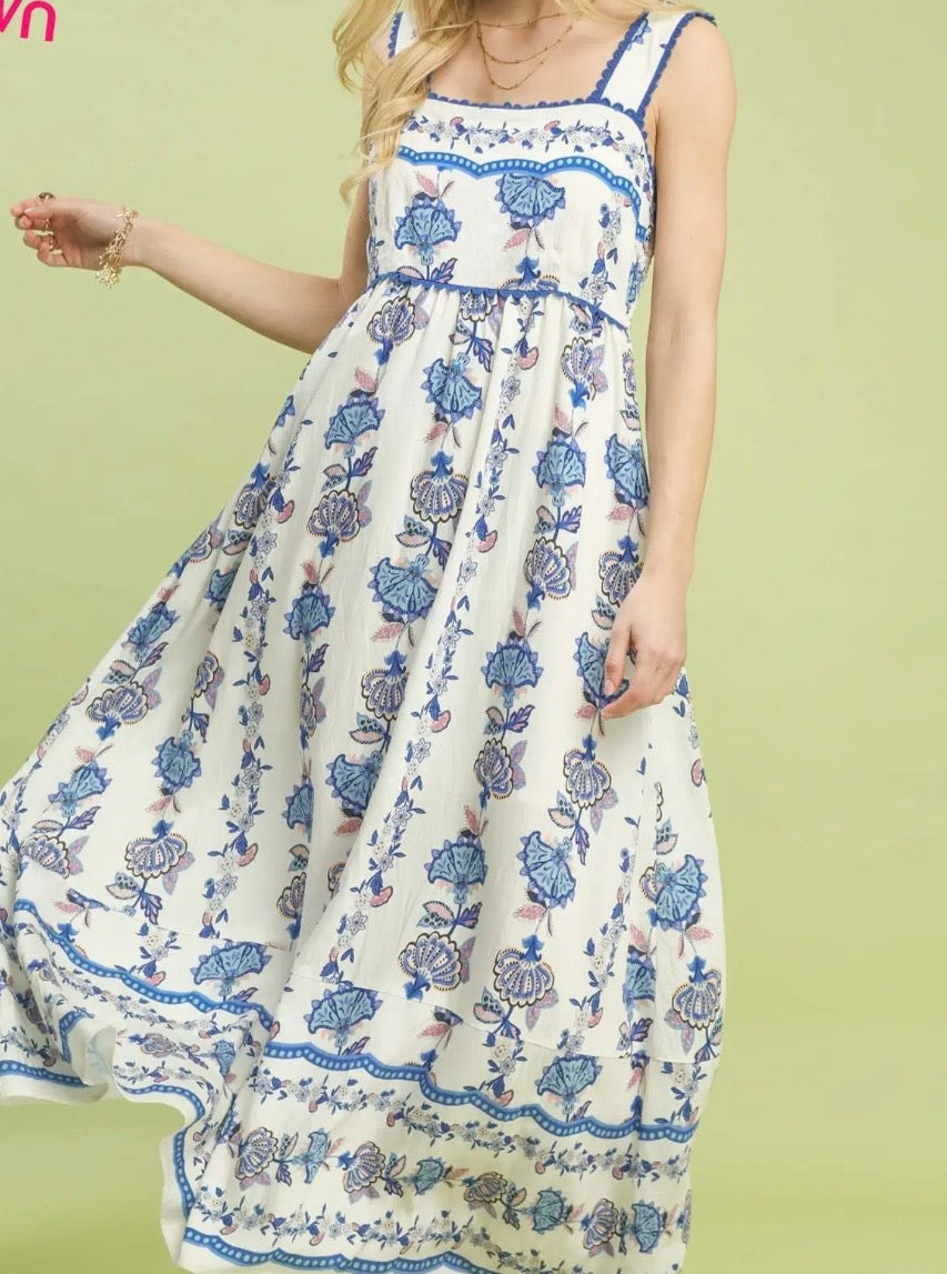 Blue Willow Border Maxi Dress