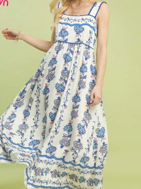 Blue Willow Border Maxi Dress