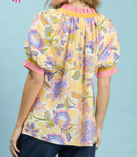 Pastel Petals Ruffle-Neck Top