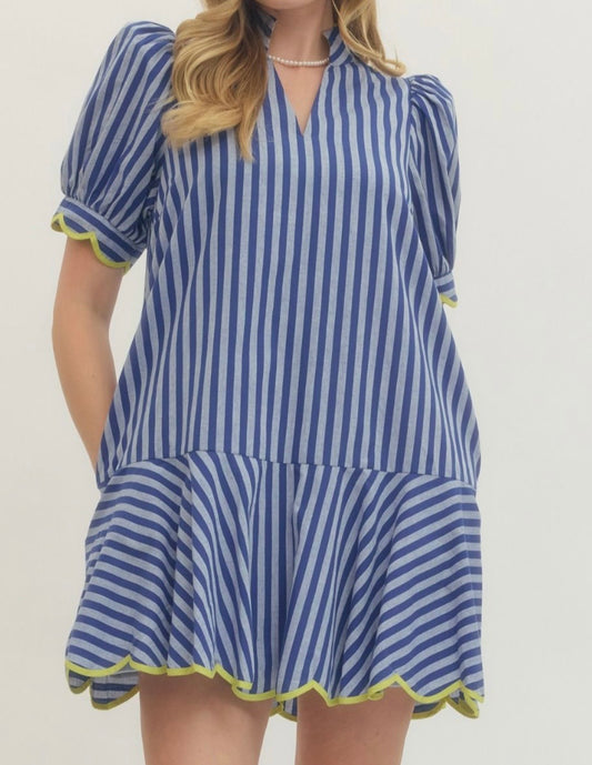 Lemon-Trim Scallop Stripe Dress