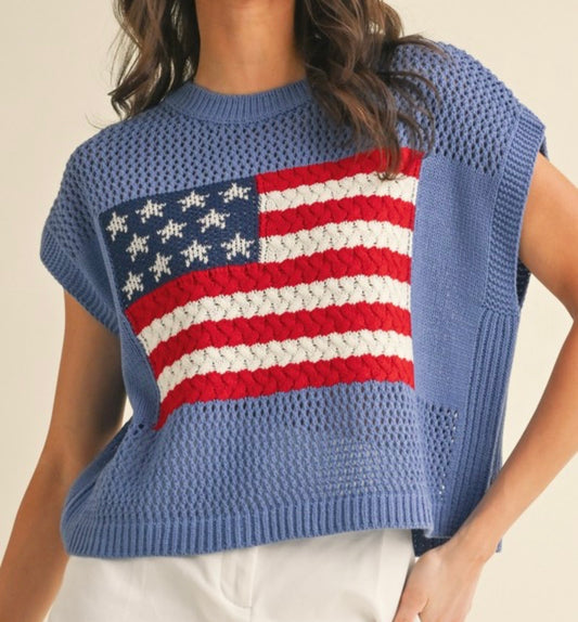 American Flag Open Stitch Top