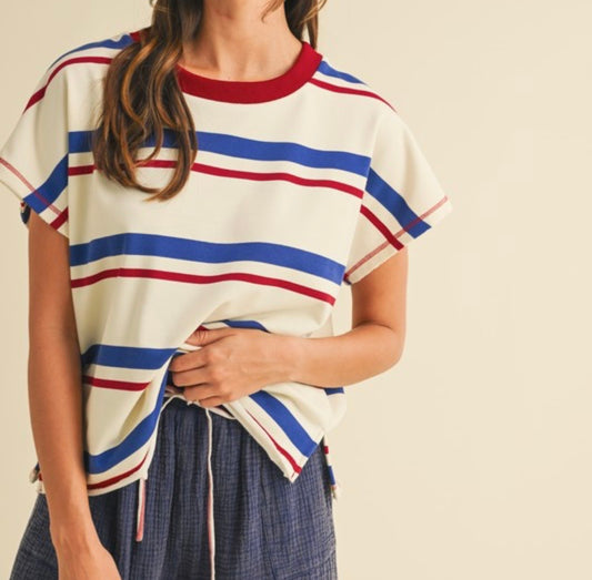 Patriotic Striped French Terry Pullover Top