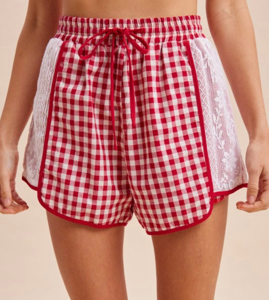 Red Gingham Lace Detail Shorts