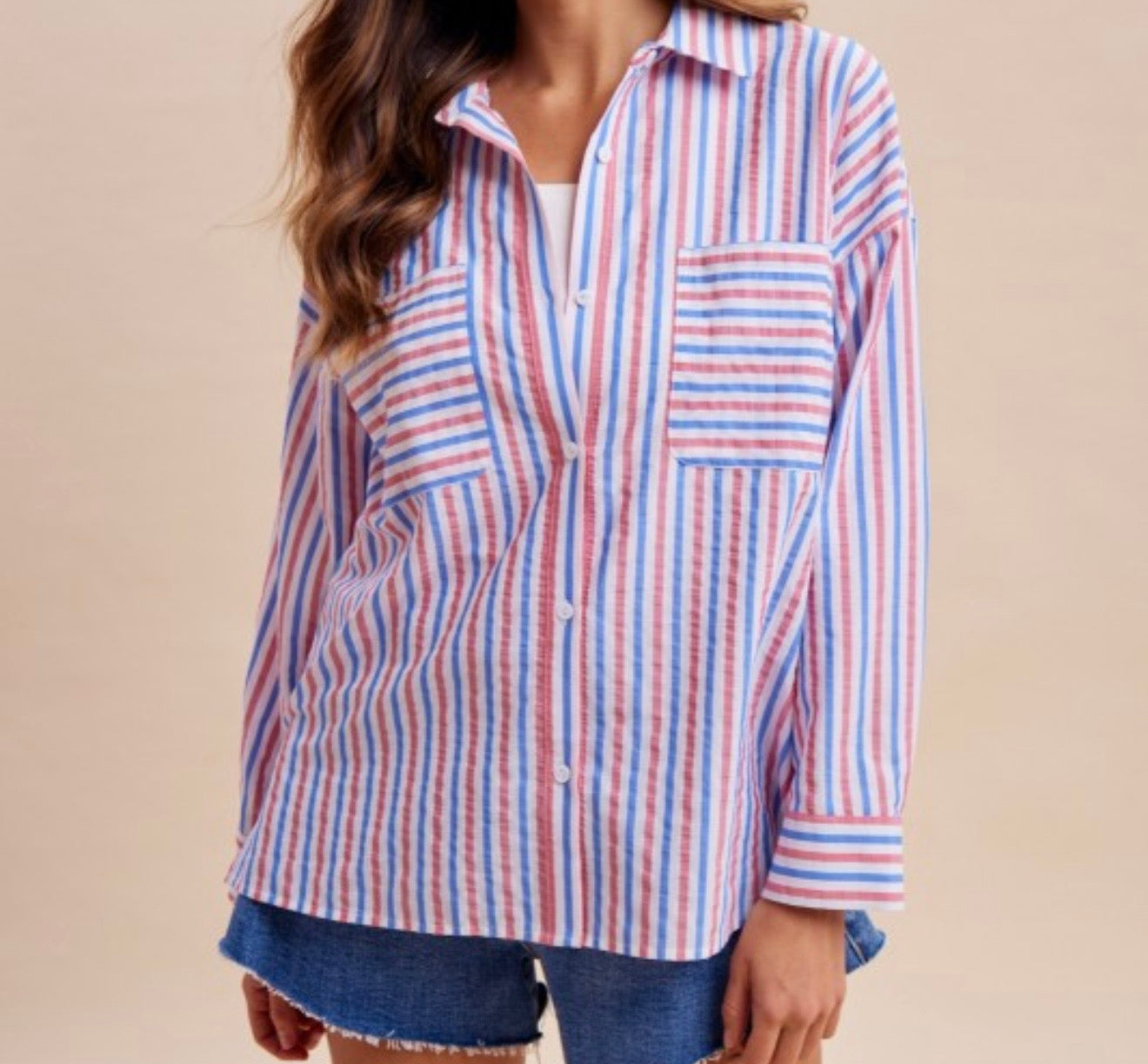 Red & Blue Striped Button Down Top