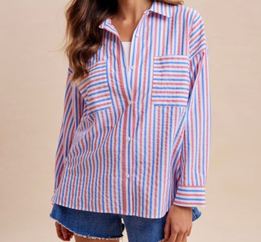 Red & Blue Striped Button Down Top