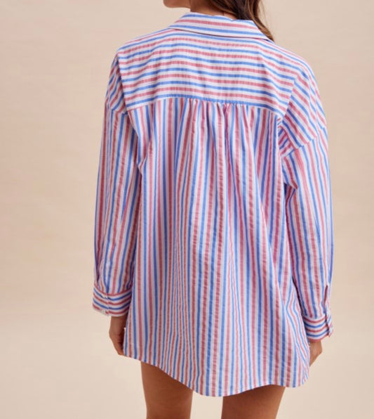 Red & Blue Striped Button Down Top