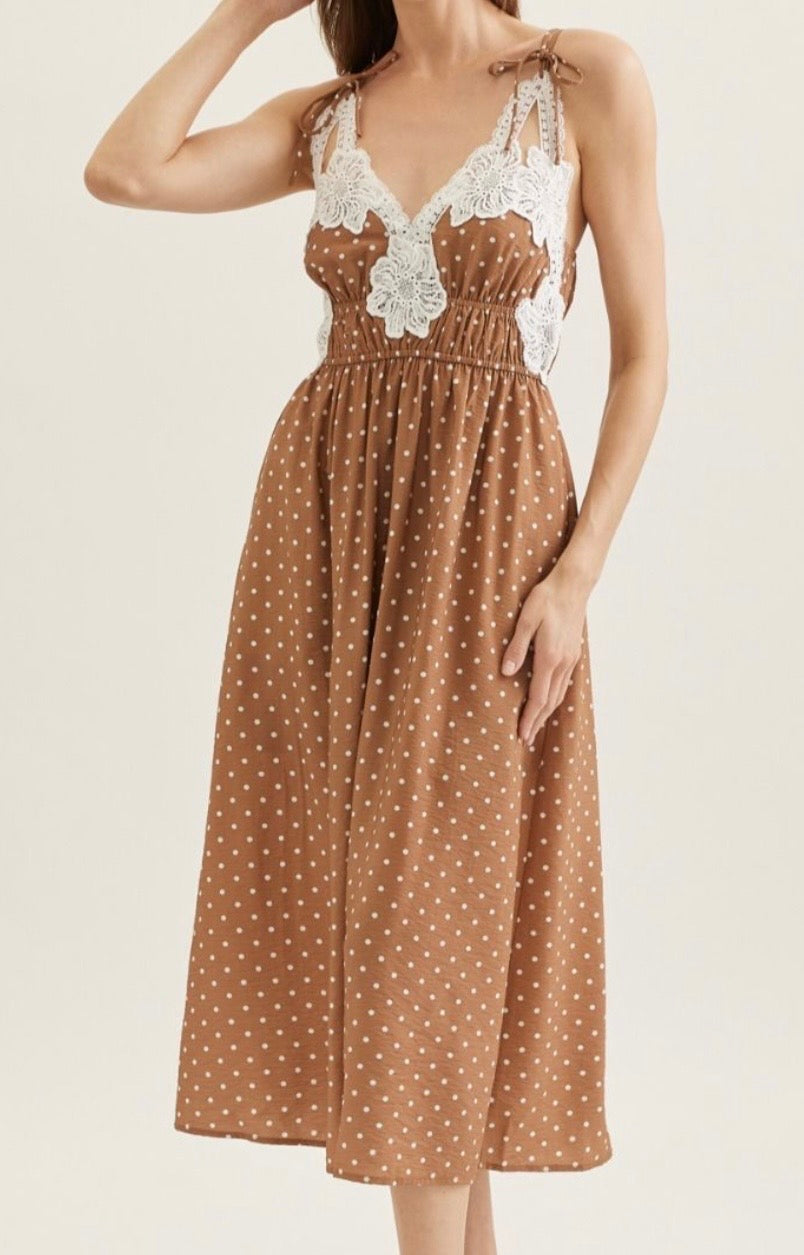 Toffee Dot Lace Midi Dress