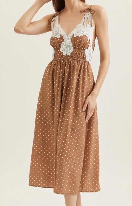 Toffee Dot Lace Midi Dress
