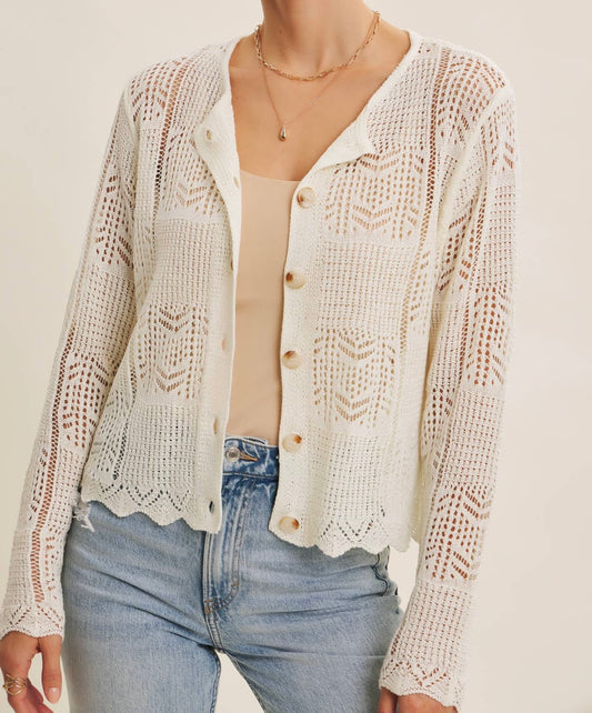 Cream Knit Scallop Hem Cardigan