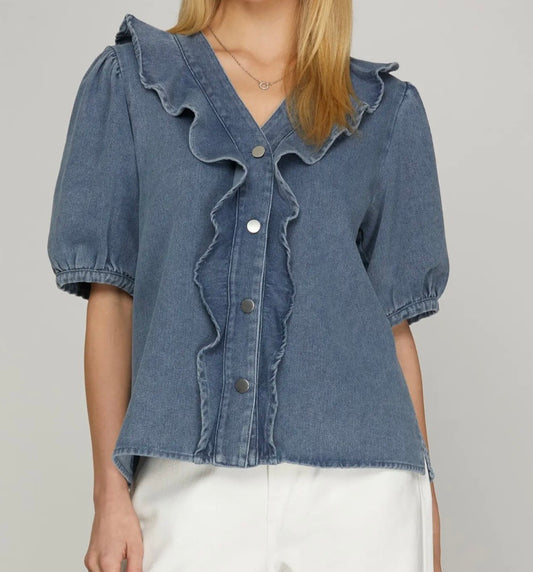 Bluebell Ruffle Chambray Top