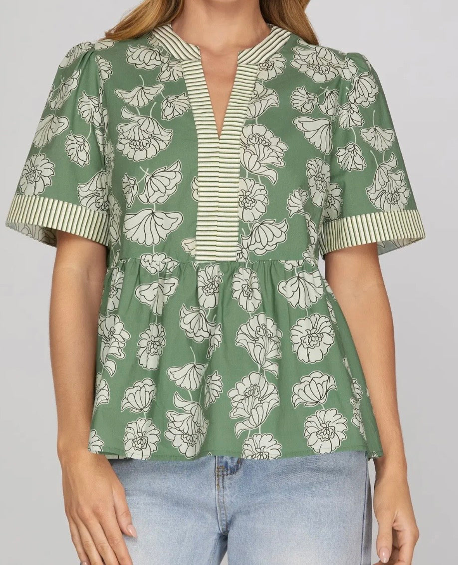 Sage Sketch Floral Top