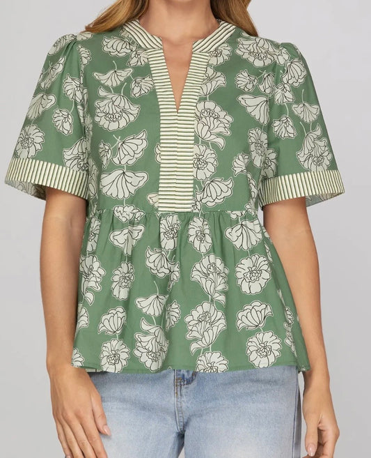 Sage Sketch Floral Top