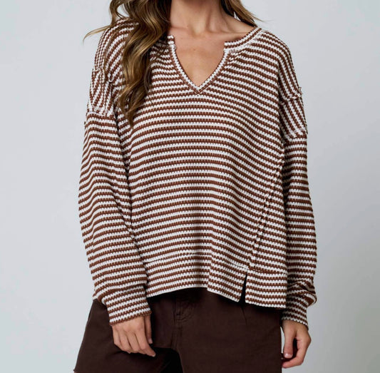 Striped Split Neck Long Sleeve Top