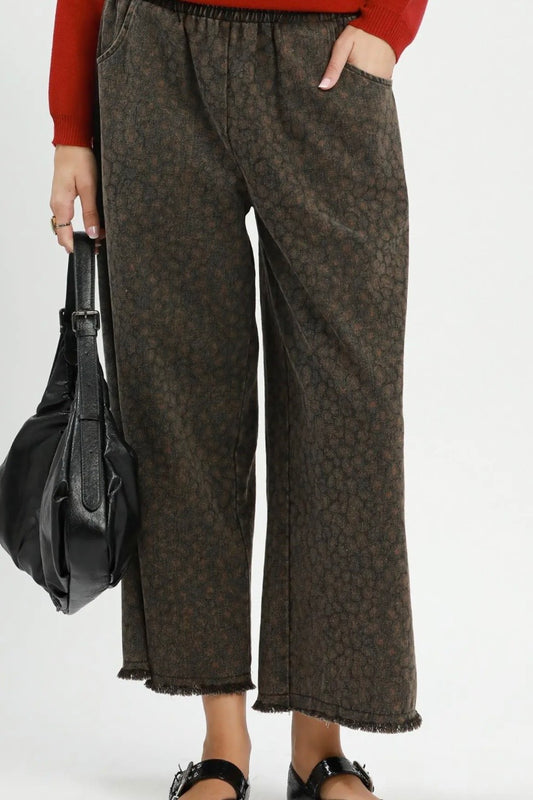 Leopard Print Frayed Hem Wide Leg Pants