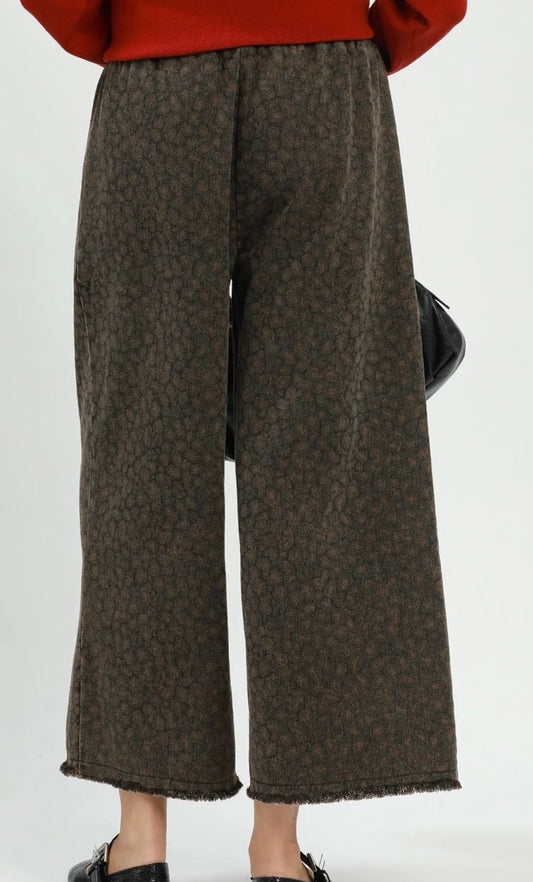 Leopard Print Frayed Hem Wide Leg Pants