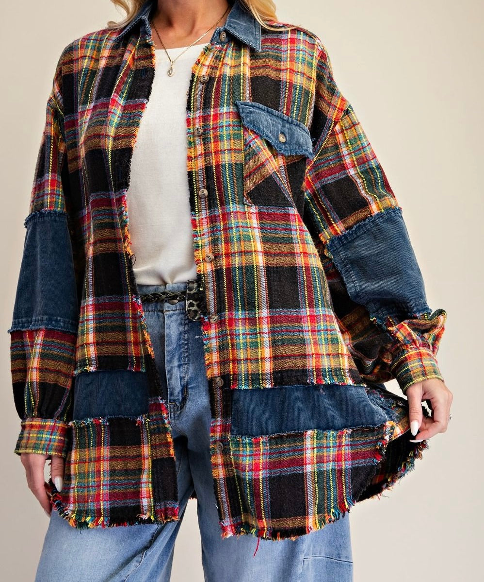 Mixed Plaid Oversized Button Down Shacket