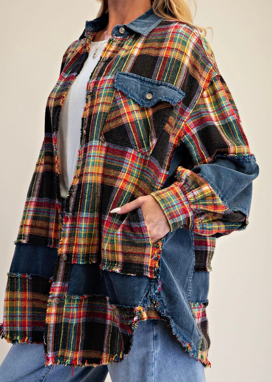 Mixed Plaid Oversized Button Down Shacket