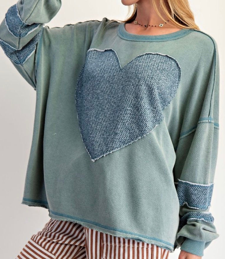 Faded Teal Heart Patch Washed Pullover Top